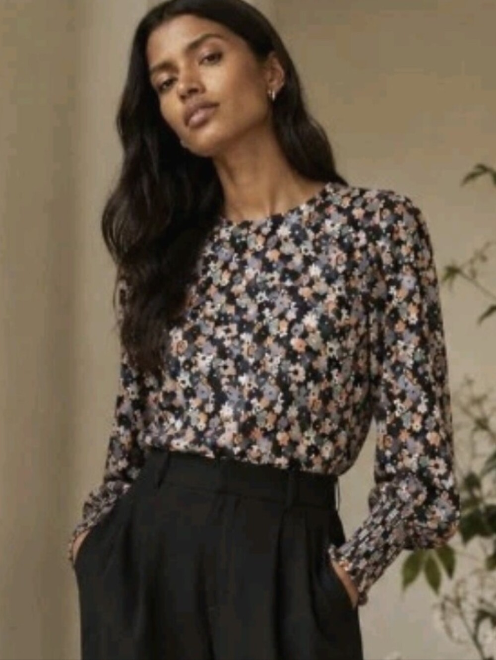 Boden Blouse Black Floral Round Neck Long Balloon Sleeve Cotton Peasant Size 4